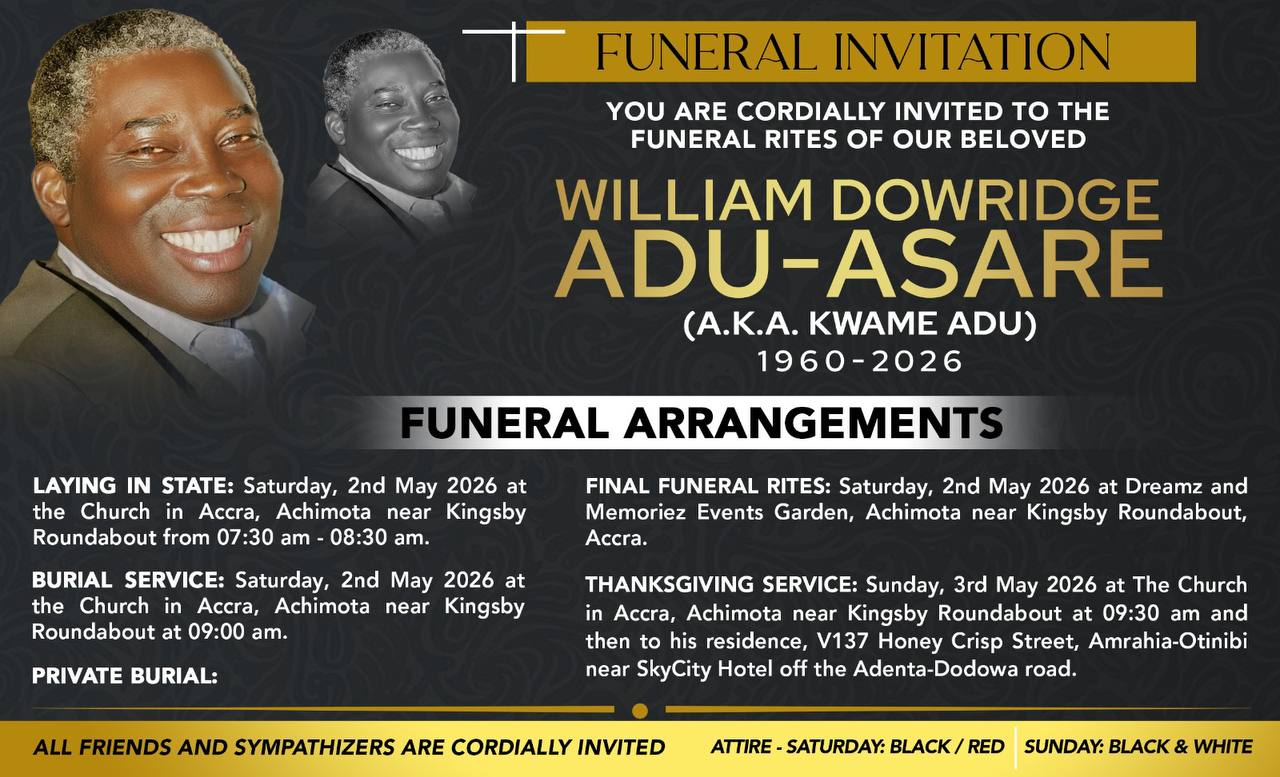 The official commemorative funeral invitation outlining the schedule of rites from the laying in state and burial service at The Church in Accra, Achimota to the final funeral rites at Dreamz & Memoriez Events Garden.